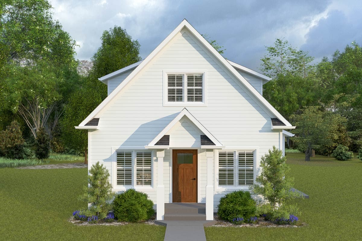 House plan exterior. Two-story home with front-facing gables, a covered entry porch, and a centered front door. White siding with dark roof accents.