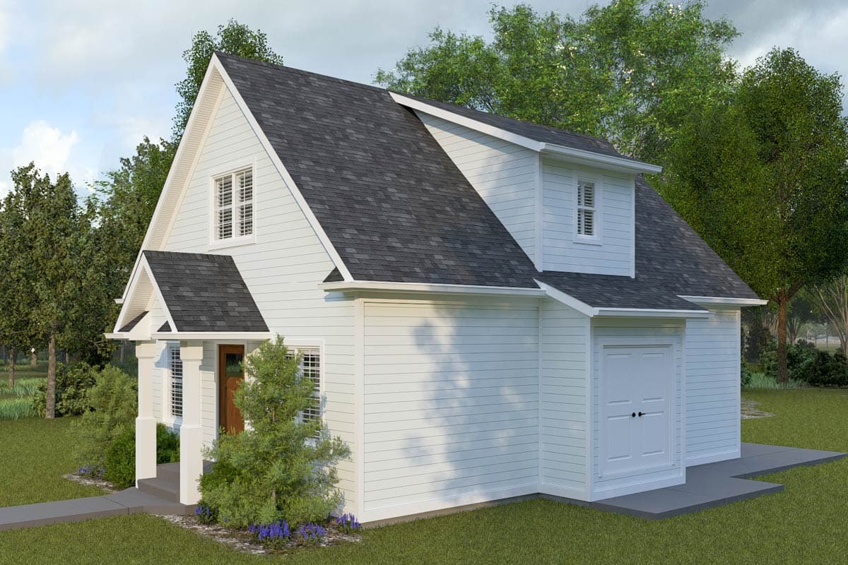 House plan exterior: Two-story modern farmhouse with front porch, gable dormer, and side entry garage.