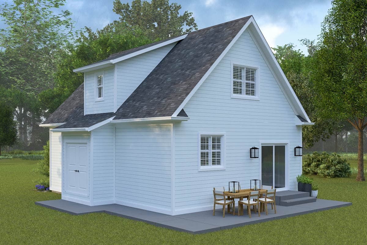 House plan exterior: Two-story Modern Farmhouse with a prominent gable, dormer, and attached garage.