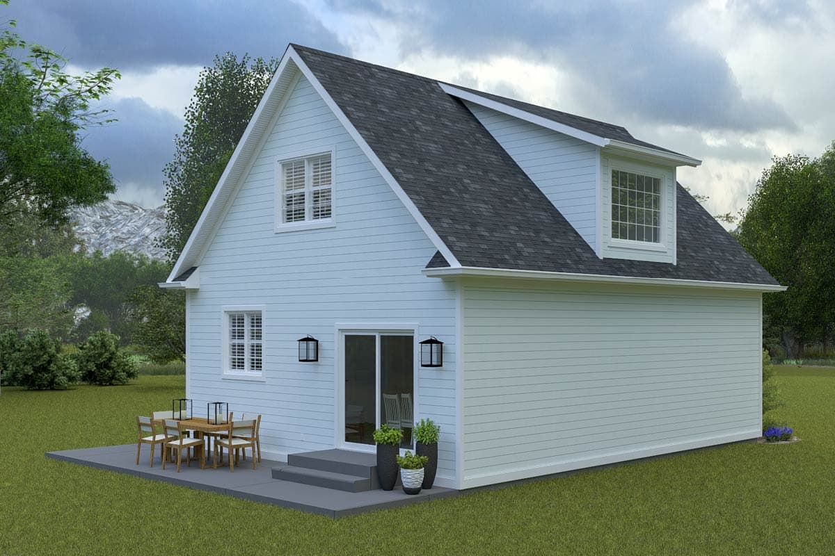 House plan exterior: two-story modern farmhouse with gabled dormer, white siding, and attached patio.