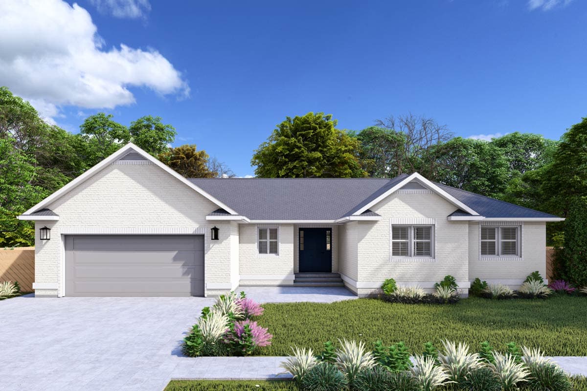 House plan exterior with white brick facade, two stories, gable roof, and attached garage. Includes two gables with decorative vents.