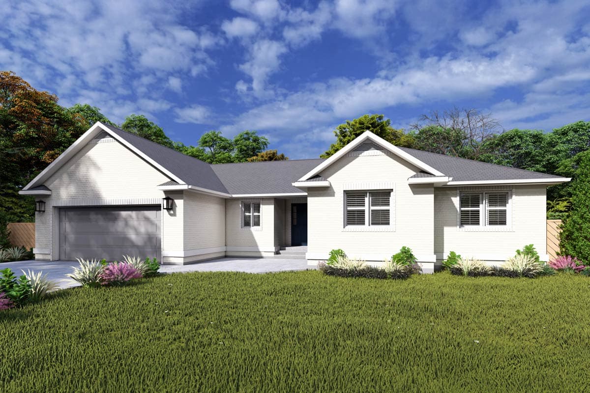 House plan exterior: One-story ranch with a side-entry garage, gabled rooflines, and brick veneer.