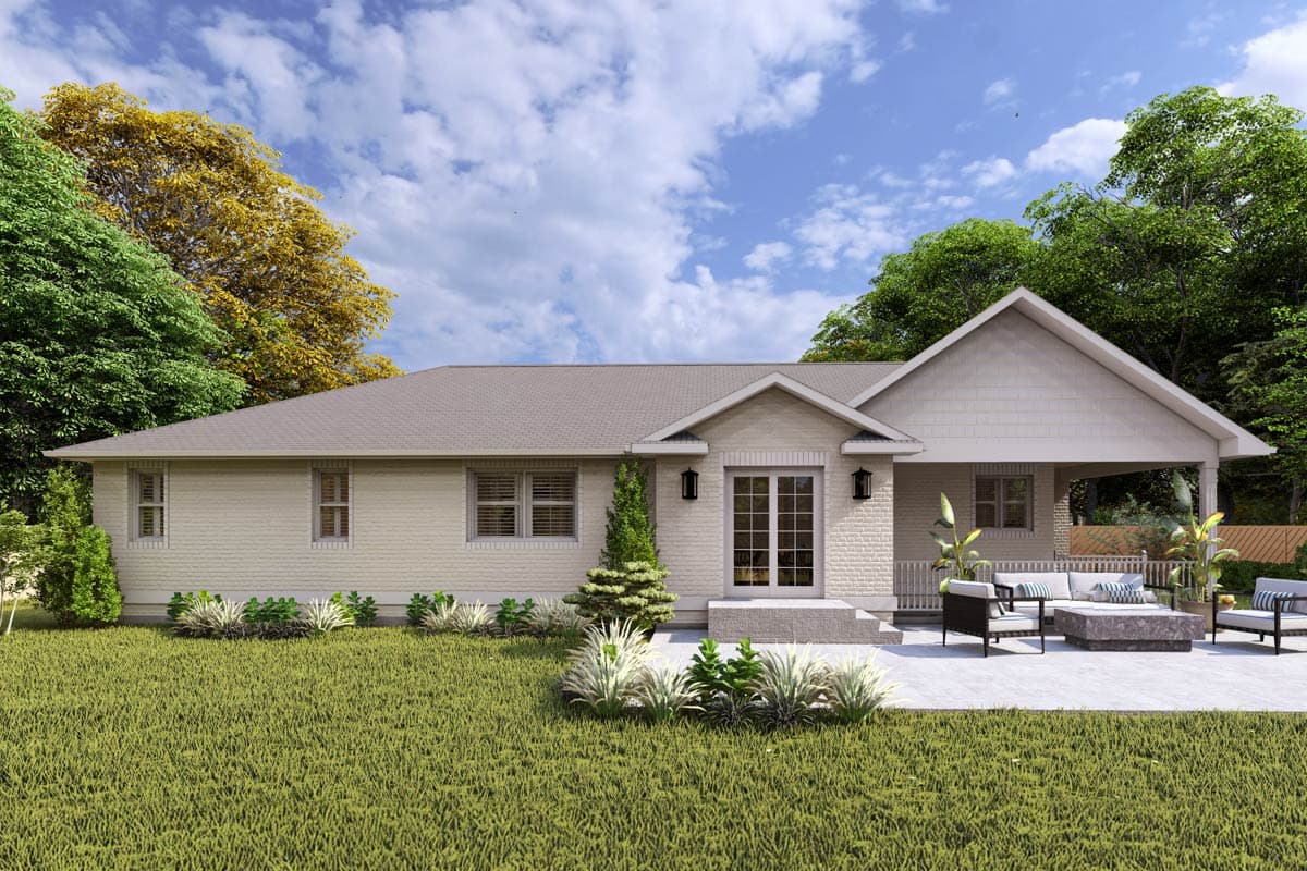 Ranch house plan exterior with a covered porch, brick facade, gables, and double entry doors.