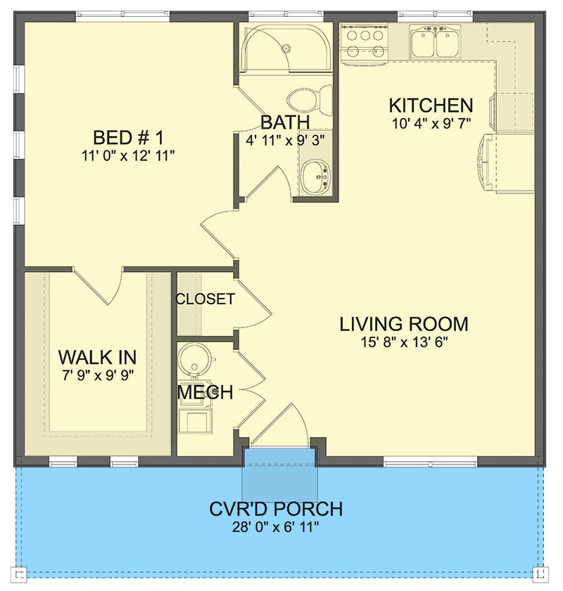 Plan 61567UT: 1-Bed ADU House Plan Under 700 Sq Ft - Floor Plan - Main Level - Country, Traditional