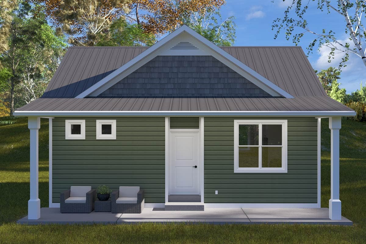 House plan exterior: single-story, green siding, metal roof, front porch with columns, gable with decorative vent.