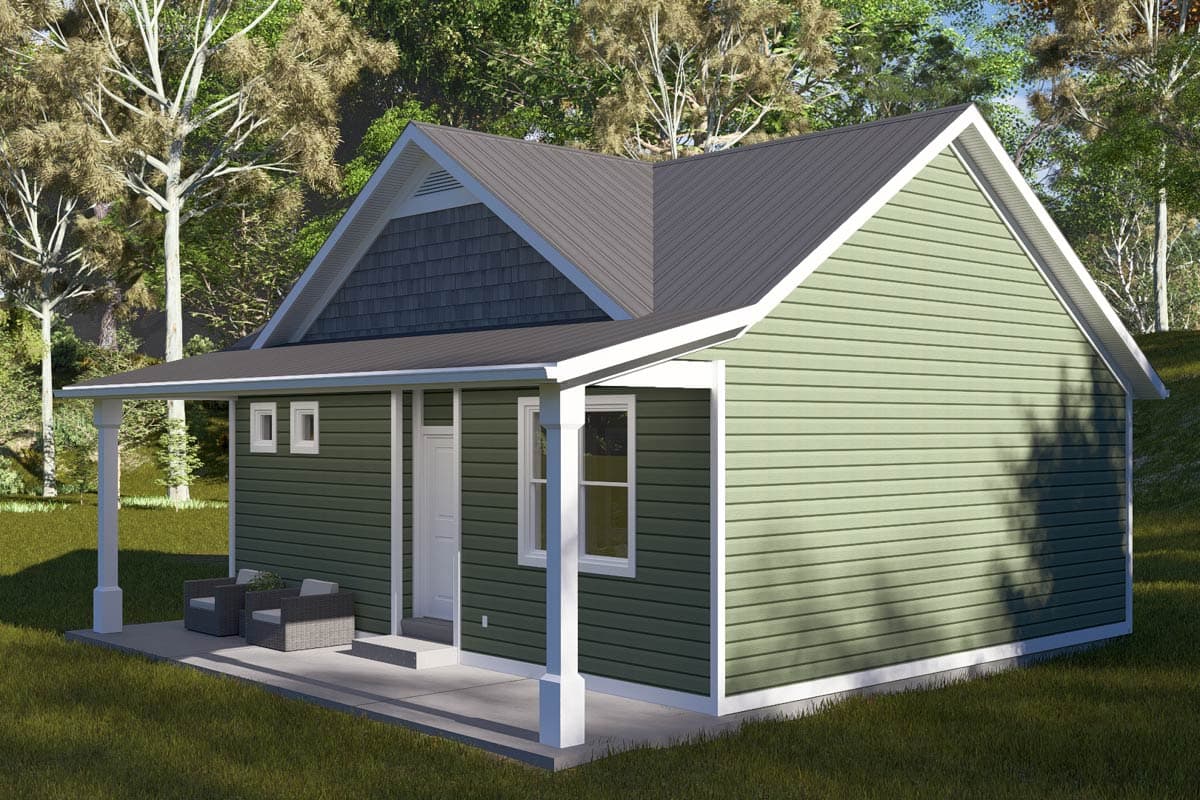 House plan exterior with a gabled roof, side porch supported by white columns, and green vinyl siding.