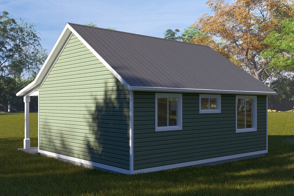 House plan exterior with horizontal siding, a gabled roof, and a small covered porch. Two stories visible.