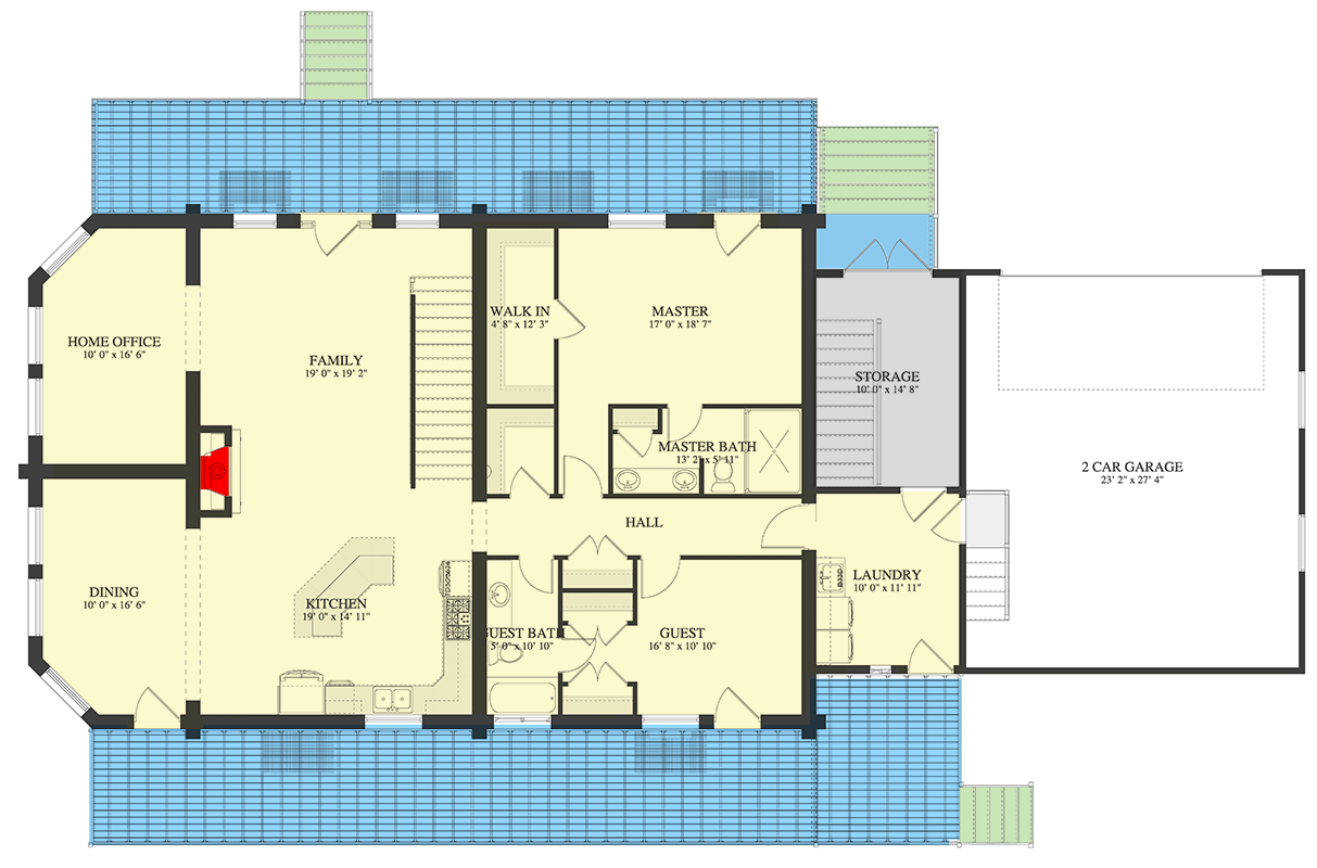 Plan 61569UT: 4-Bed Mountain Log Cabin House Plan with Warp-Around Porch - 4010 Sq Ft - Floor Plan - Main Level - Log Cabin, Mountain