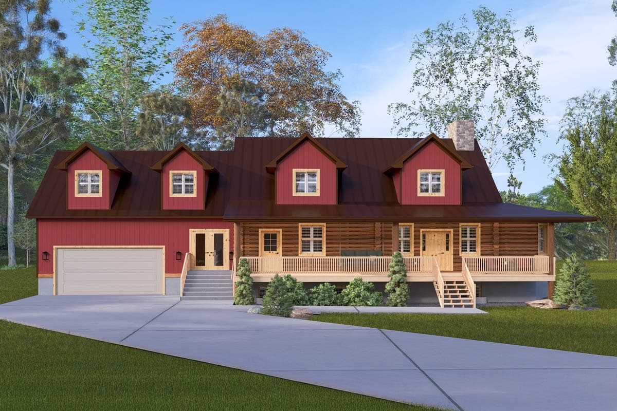 House plan exterior with log siding and a porch. Features include dormers, a gable roof, and an attached garage.