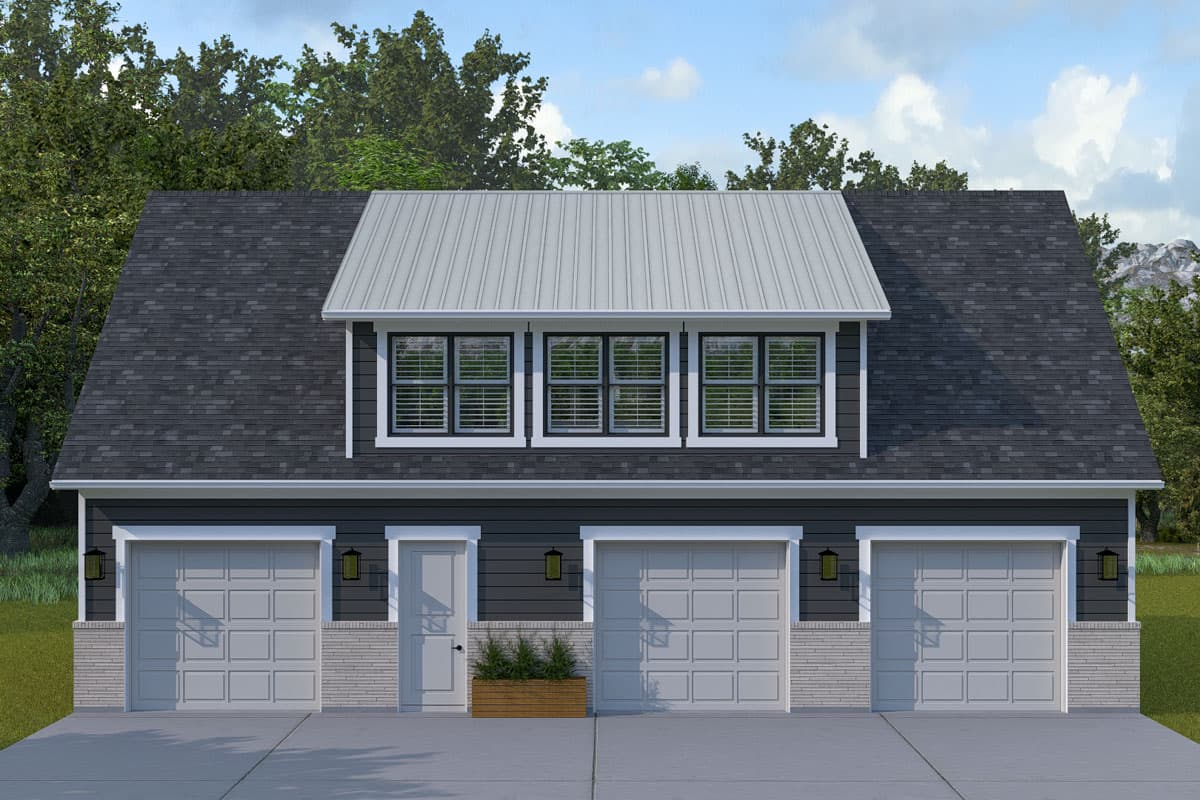 House plan exterior with three-car garage, metal roof accent, and three dormer windows. Two-story structure with gray siding and brick accents.