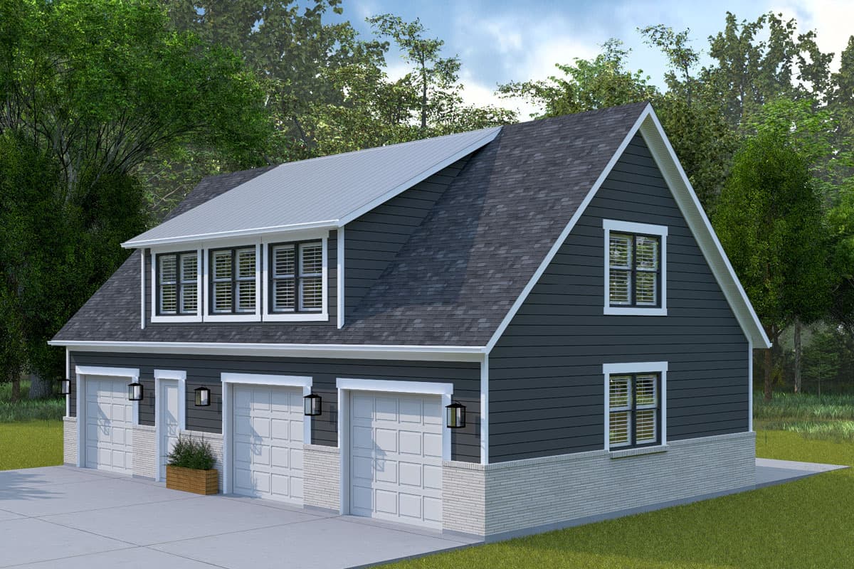 House plan exterior: Two-story structure with a front-facing gable, three garage doors, and a dormer with three windows.