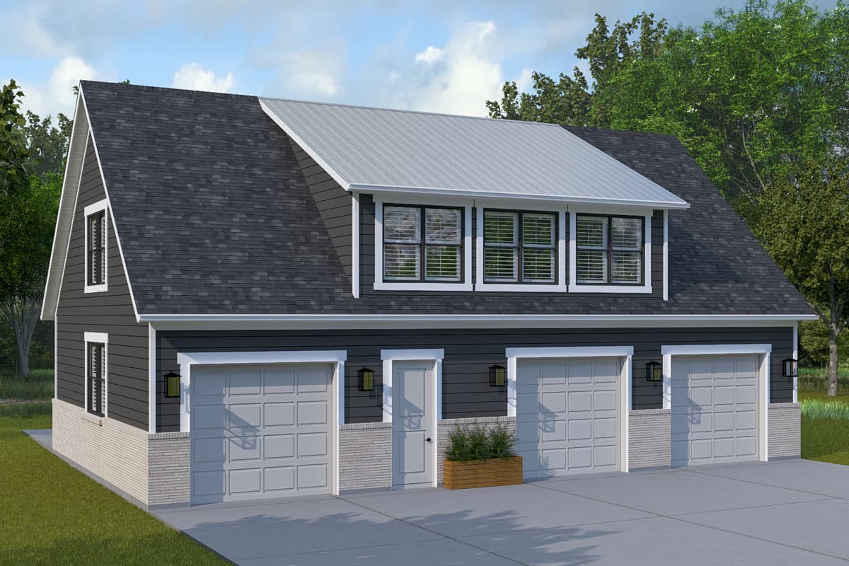 House plan exterior: Two-story structure with a three-car garage, asymmetrical gables, and a metal roof section.