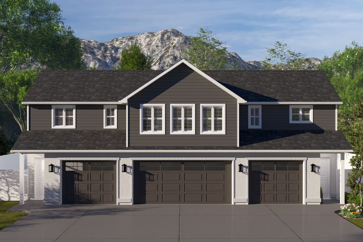 House plan exterior. Two-story home with a gabled roof, three-car garage, and shuttered windows. Vertical siding and prominent rooflines.
