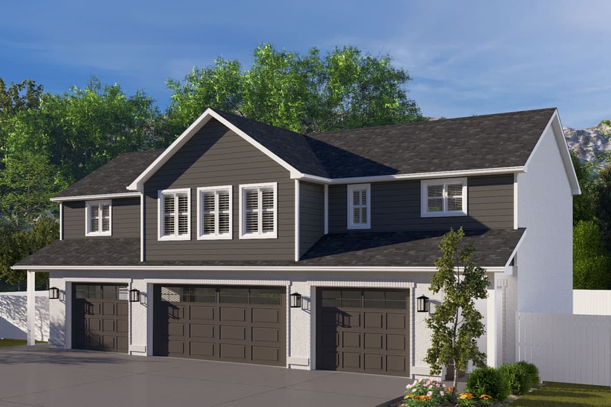 Modern Farmhouse house plan exterior with a three-car garage, gables, and multiple dormers.