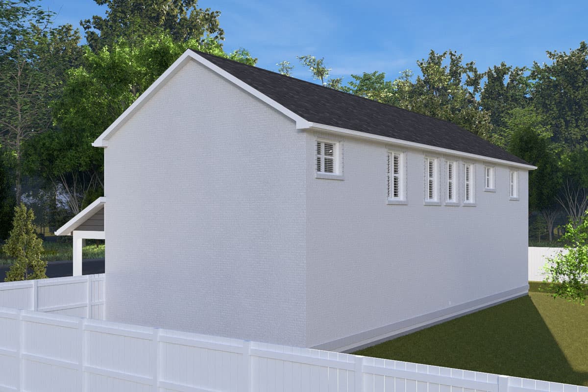House plan exterior view of a two-story home with white brick and a dark roof, featuring multiple windows on the side elevation.