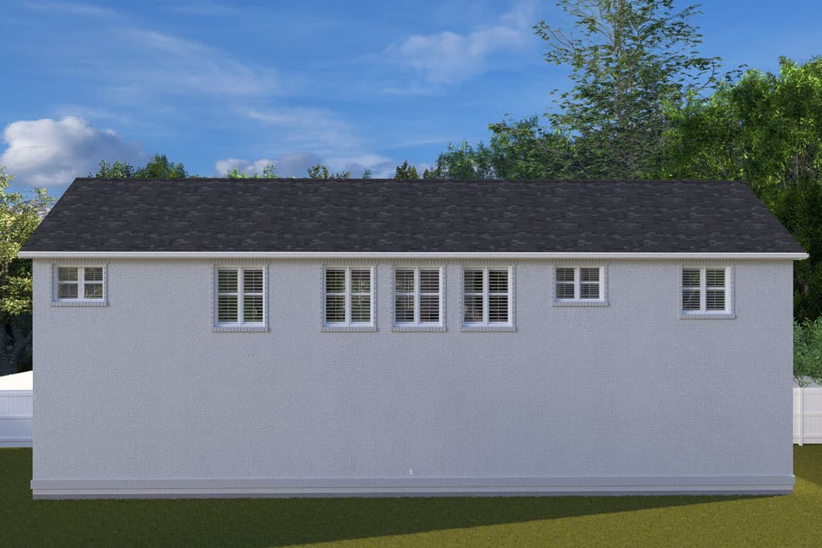 House plan exterior, single-story structure with a gable roof, white-trimmed windows, and textured gray siding.