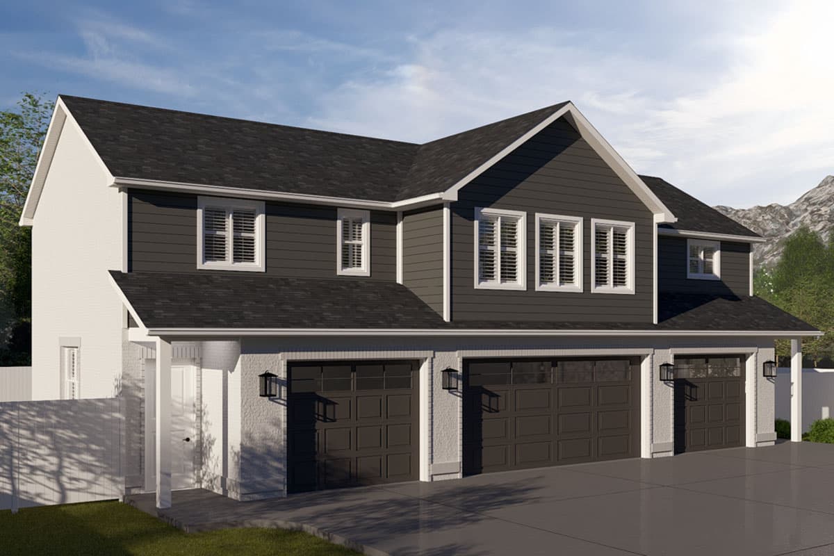 House plan exterior: Two-story modern home with three-car garage, white brick and dark siding, and gabled rooflines.