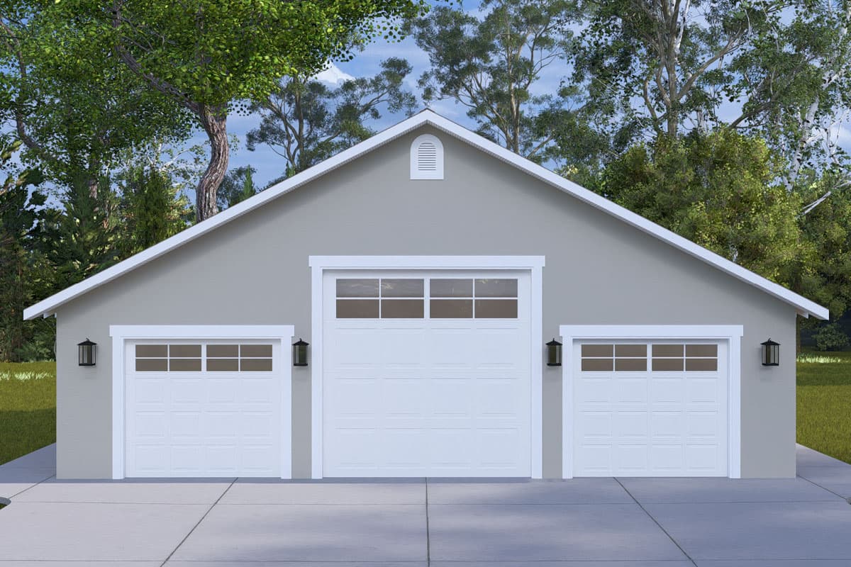House plan exterior with three-car garage. Features include a gable roof, decorative vent, and matching garage doors with window detail.
