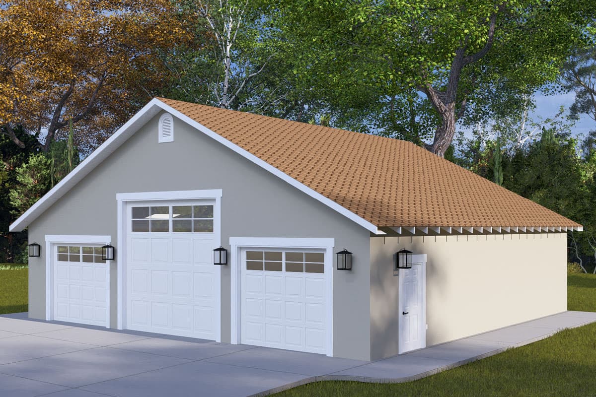 House plan exterior: One-story garage with three doors, gable roof, and side entry door.