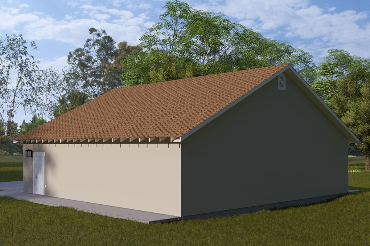 House plan exterior rendering of a one-story dwelling with tan stucco walls, a brown tiled hip roof, and a single door.