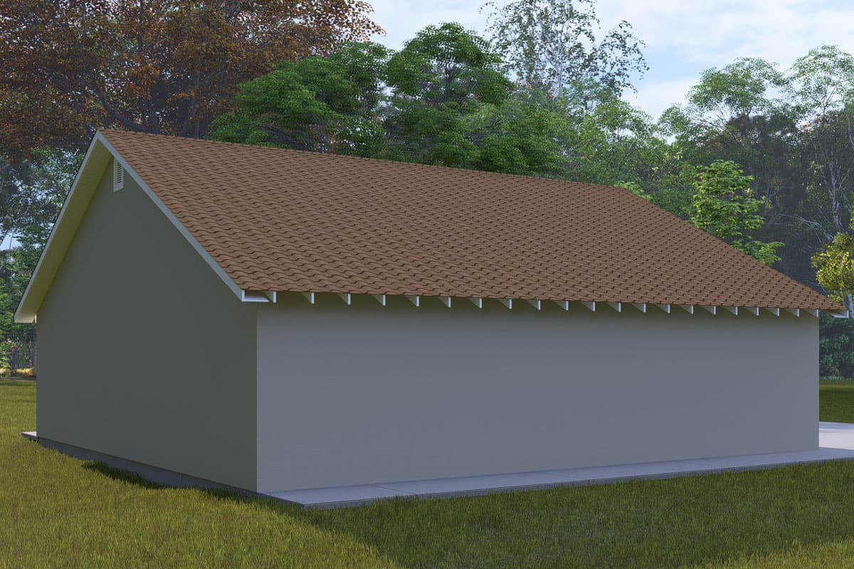 House plan exterior, single-story building with gable roof, visible soffits, and simple stucco siding.