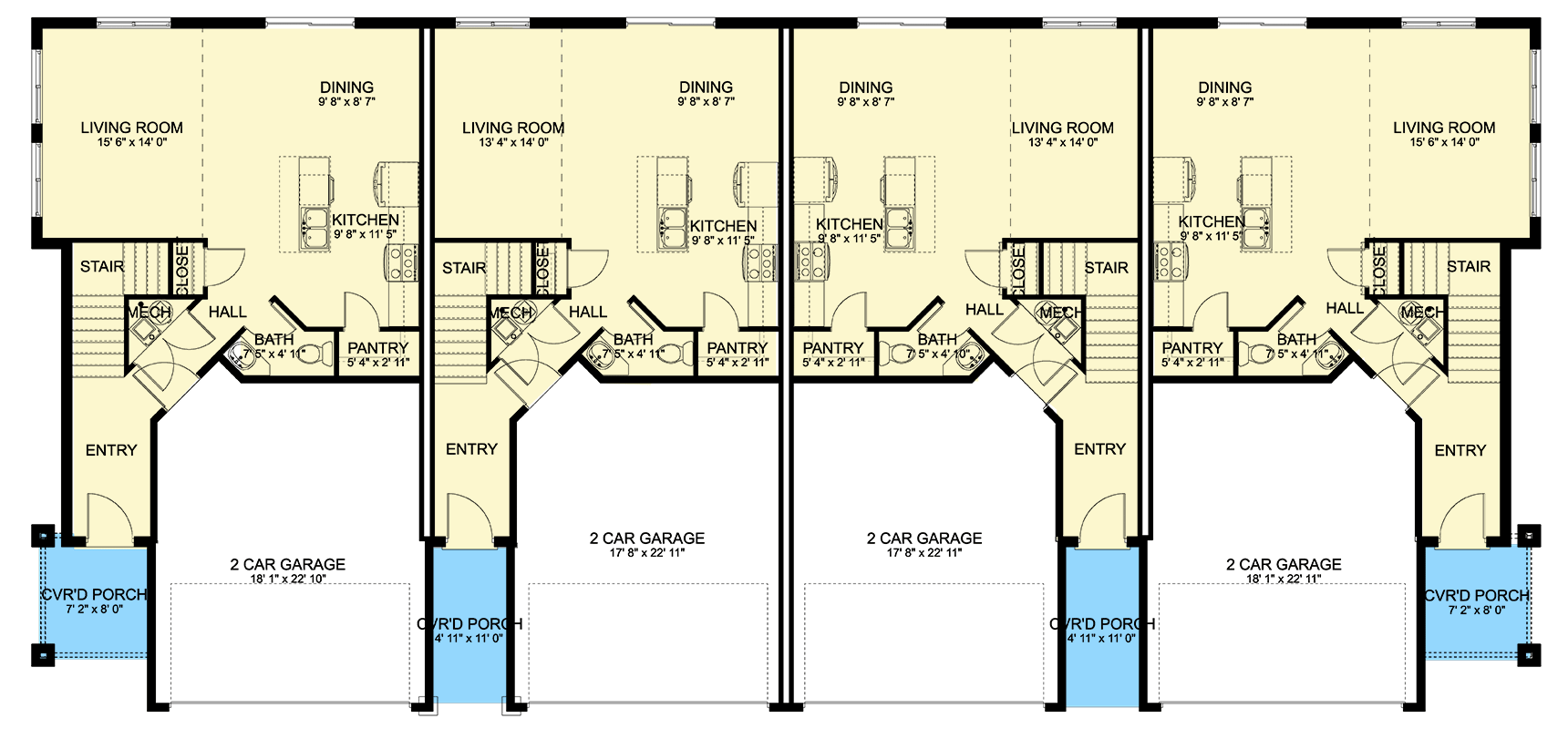 Plan 61573UT: Two-Story Traditional Multiplex House Plan with Four 3-Bed Units - 6950 Sq Ft - Floor Plan - Main Level - New American, Traditional