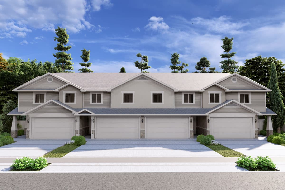 House plan exterior of a two-story dwelling with four attached garages, gables, and dormer windows.