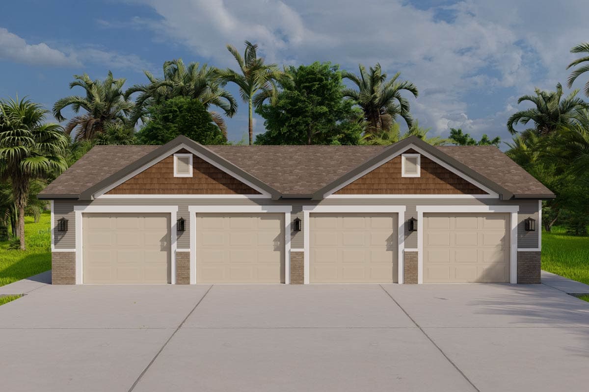 House plan exterior with a four-car garage. Features include a gable roof, two dormers, and light-colored garage doors.