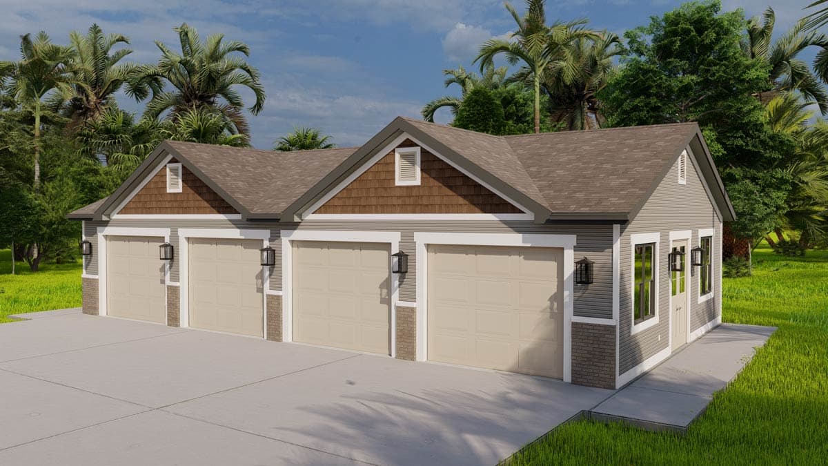 House plan exterior shows a one-story building with a four-car garage, gable dormers, shingle accents, and vinyl siding.