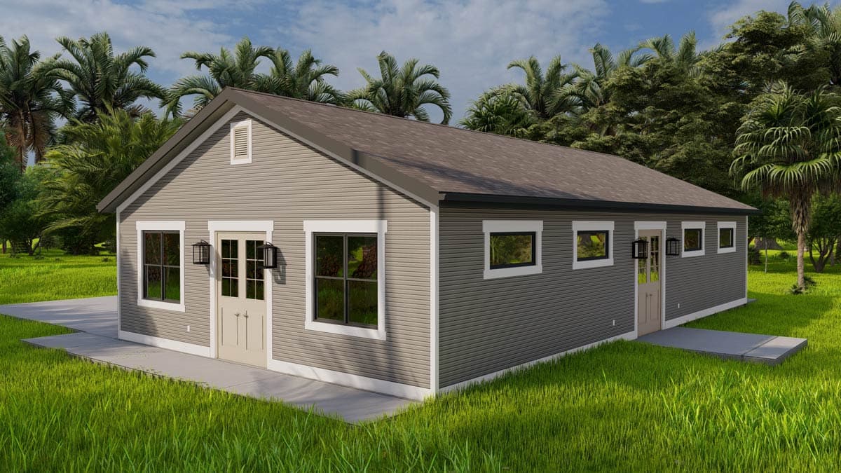 House plan exterior: Single-story home with gabled roof, vinyl siding, double front doors, multiple windows, and a small side patio.