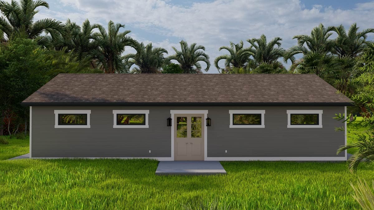 House plan exterior: single-story, ranch style with horizontal siding, double doors, and four rectangular windows.