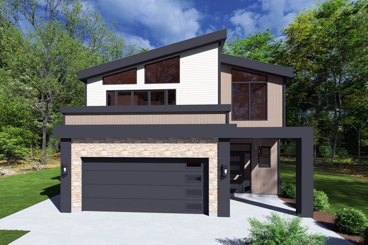 House plan exterior. Two-story modern home with shed roof, stone veneer garage, and large windows.  Entry features a covered porch.