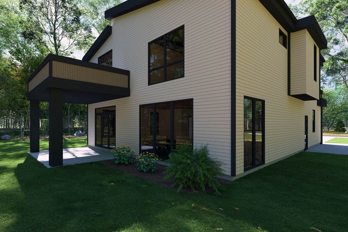 Modern two-story house plan exterior with horizontal siding, cantilevered balcony, and large black-framed windows.