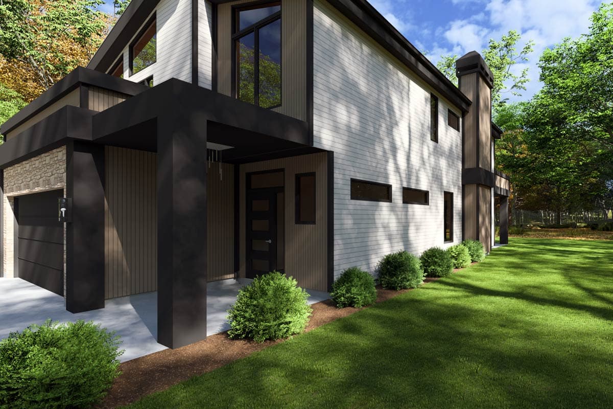 Modern house plan exterior featuring a cantilevered entrance, two stories, horizontal siding, and a detached garage.