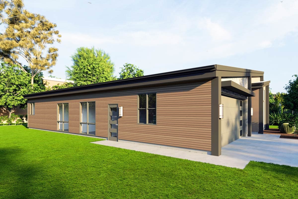 House plan exterior. Modern, one-story home with a flat roof and horizontal siding. Features include an attached garage and large windows.