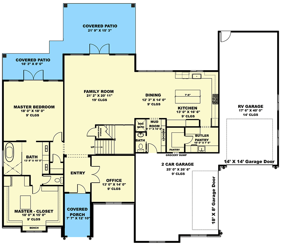 Plan 506023BRY: 5-Bed New American House Plan with Two-Story Great Room - 4582 Sq Ft - Floor Plan - Main Level - Craftsman, Mountain, New American