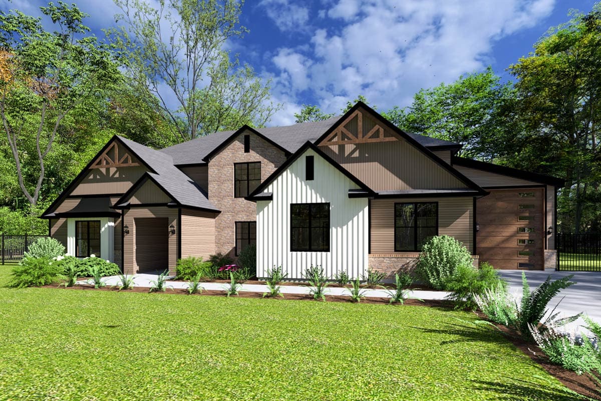 House plan exterior featuring Modern Farmhouse style with multiple gables, exposed rafter tails, and a mix of siding and stonework.