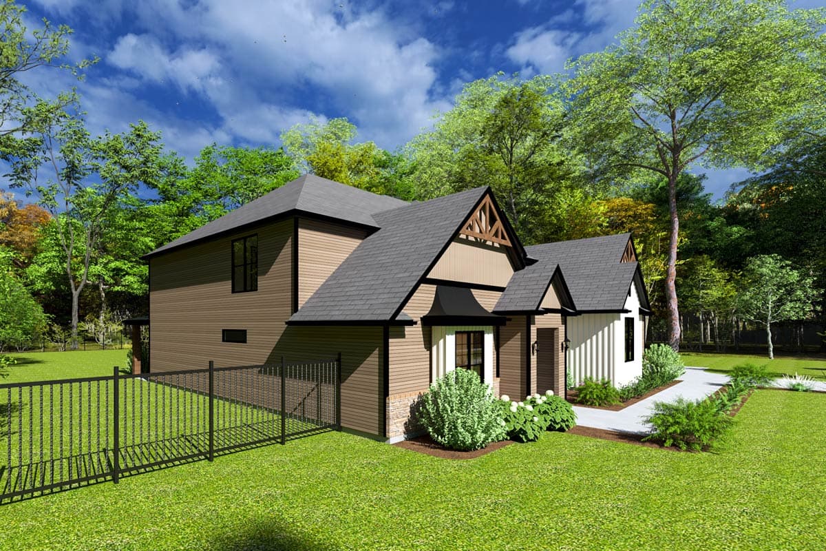 House plan exterior, two stories, gabled rooflines, dormer detail, and siding.