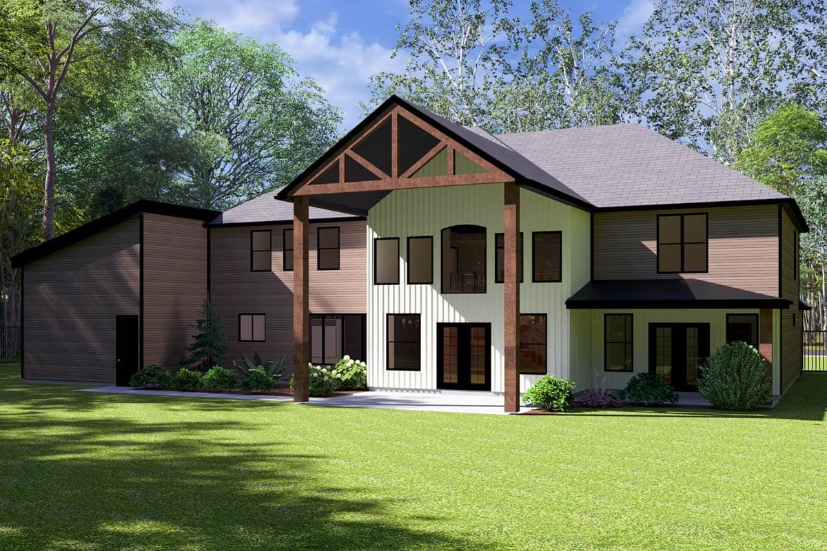 House plan exterior: Two-story modern home with gabled entrance, vertical siding, and multiple windows.