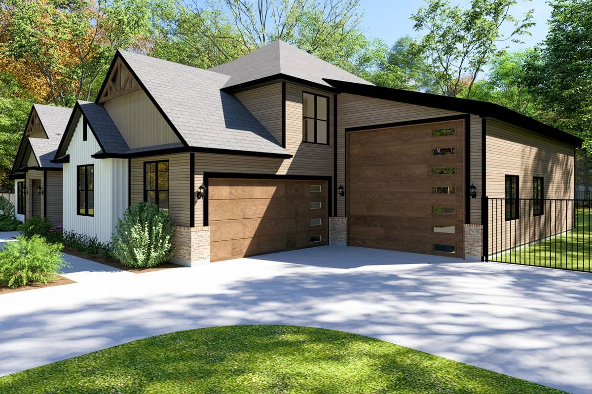 House plan exterior: Modern home with prominent gables, two garage bays with wood-look doors, and mixed siding.