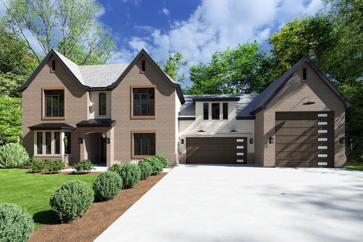 House plan exterior. Two-story brick home with gabled roof, attached garage, and a covered porch. Features include dormers and multiple windows.