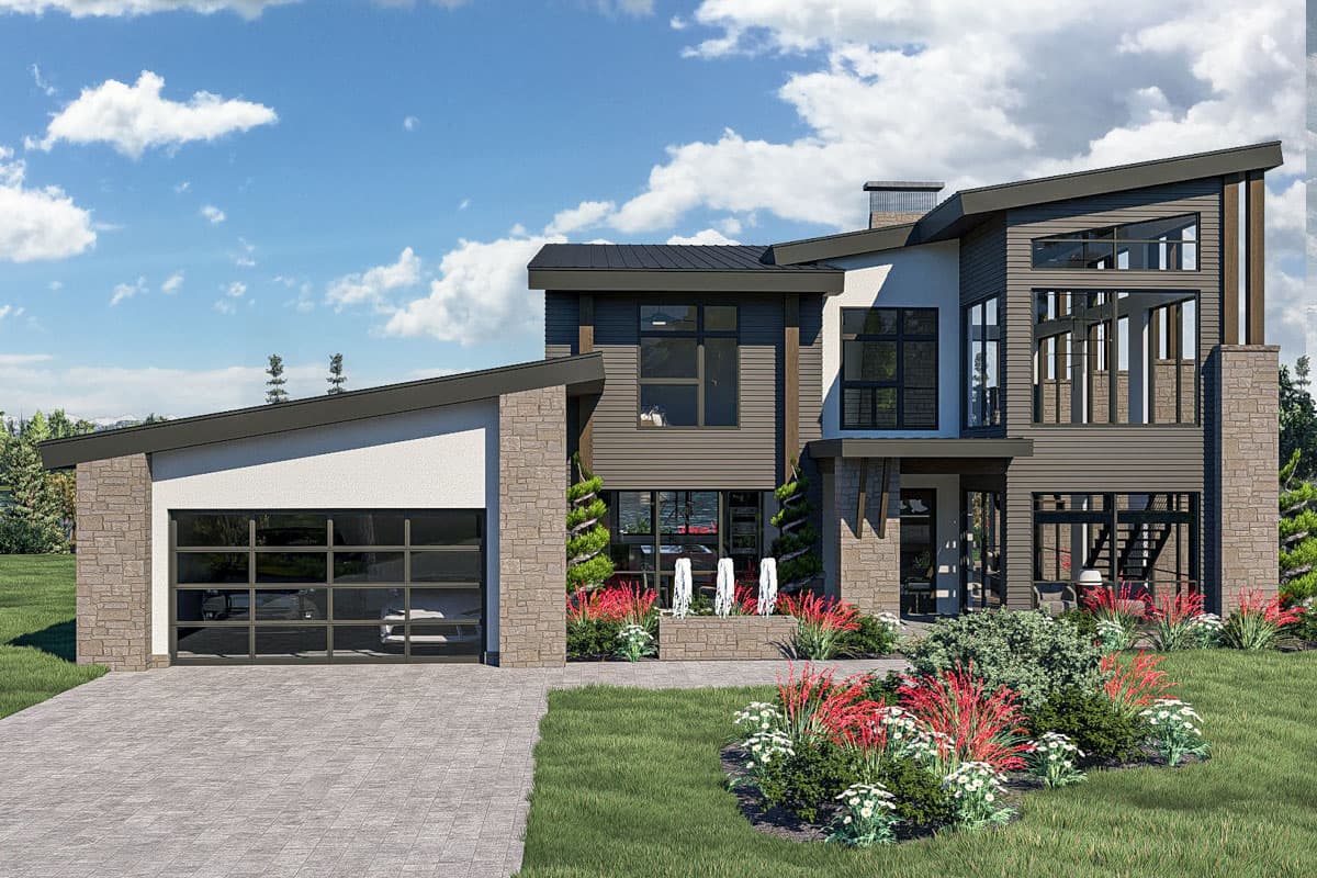 House plan exterior with modern style, two stories, and a glass-paneled garage. Features a sloped roofline and stone accents on the facade.