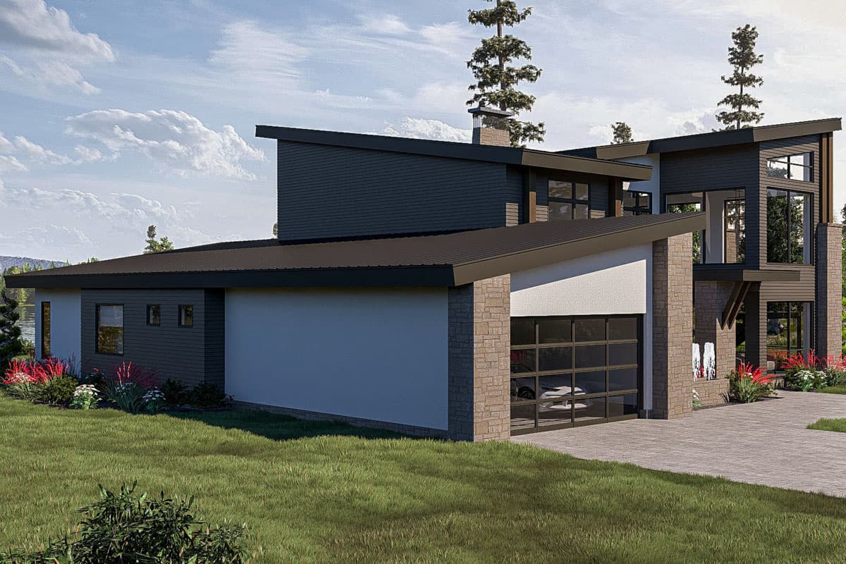 Modern house plan exterior with asymmetric rooflines, dark siding, stone accents, and a glass garage door.