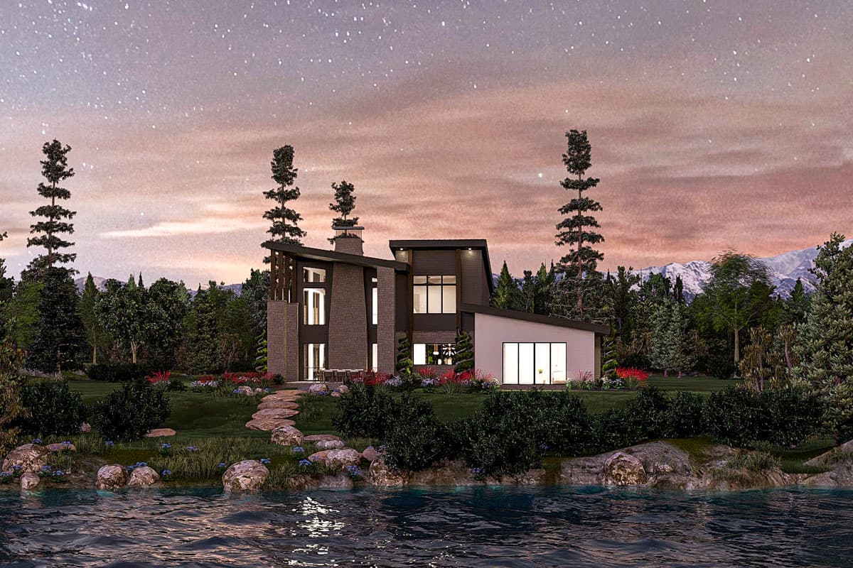 Modern house plan exterior featuring multiple asymmetrical gables, stone accents, and large windows.