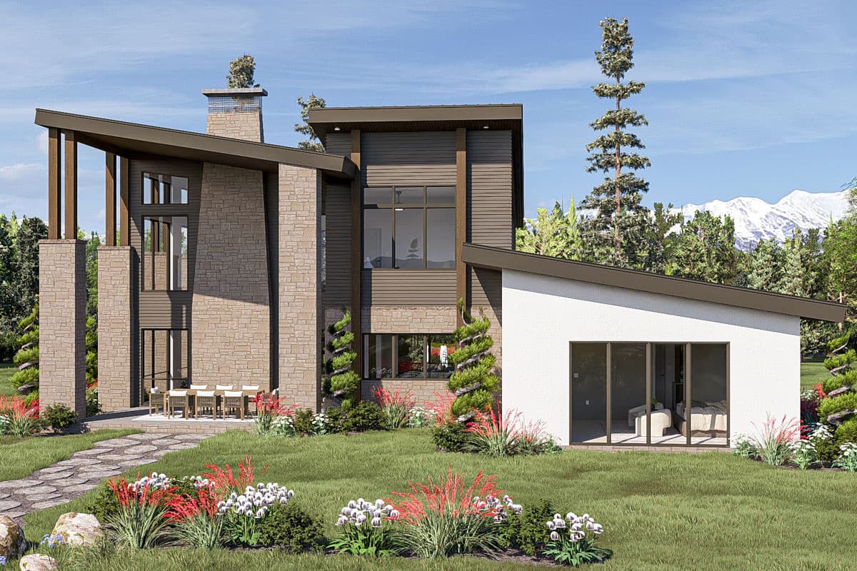 Modern house plan exterior featuring stone and horizontal siding, asymmetrical rooflines, a covered patio, and large windows.