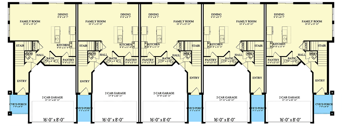 Plan 61575UT: Two-Story Five-Family House Plan with 3-Bedroom Units - 8642 Sq Ft  - Floor Plan - Main Level - Country, Traditional