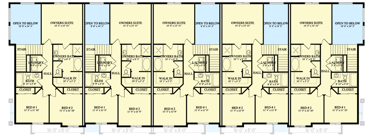 Plan 61575UT: Two-Story Five-Family House Plan with 3-Bedroom Units - 8642 Sq Ft  - Floor Plan - 2nd Floor - Country, Traditional