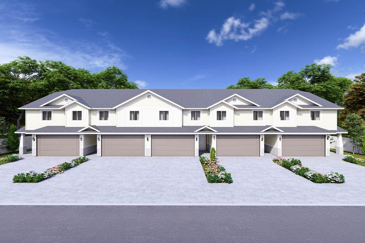 House plan exterior shows a multi-unit dwelling with gable rooflines and attached garages. Each unit has multiple windows and a front entry.