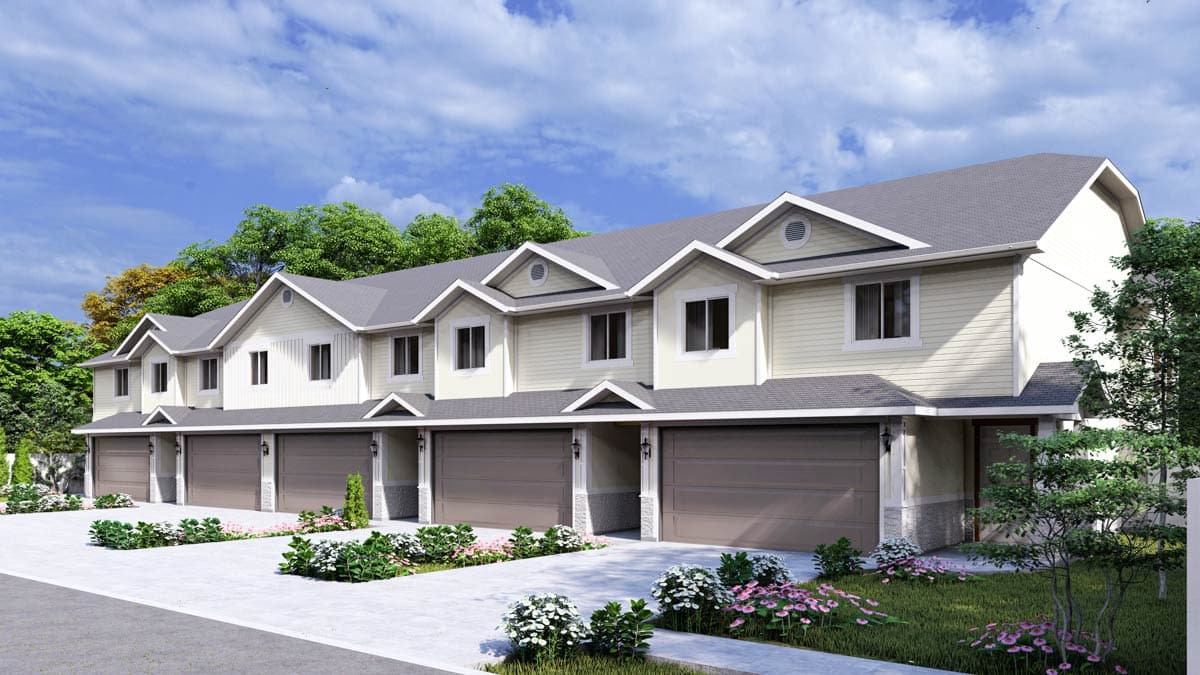 House plan exterior of a two-story Modern Farmhouse townhouse with gables, dormers, and attached garages.