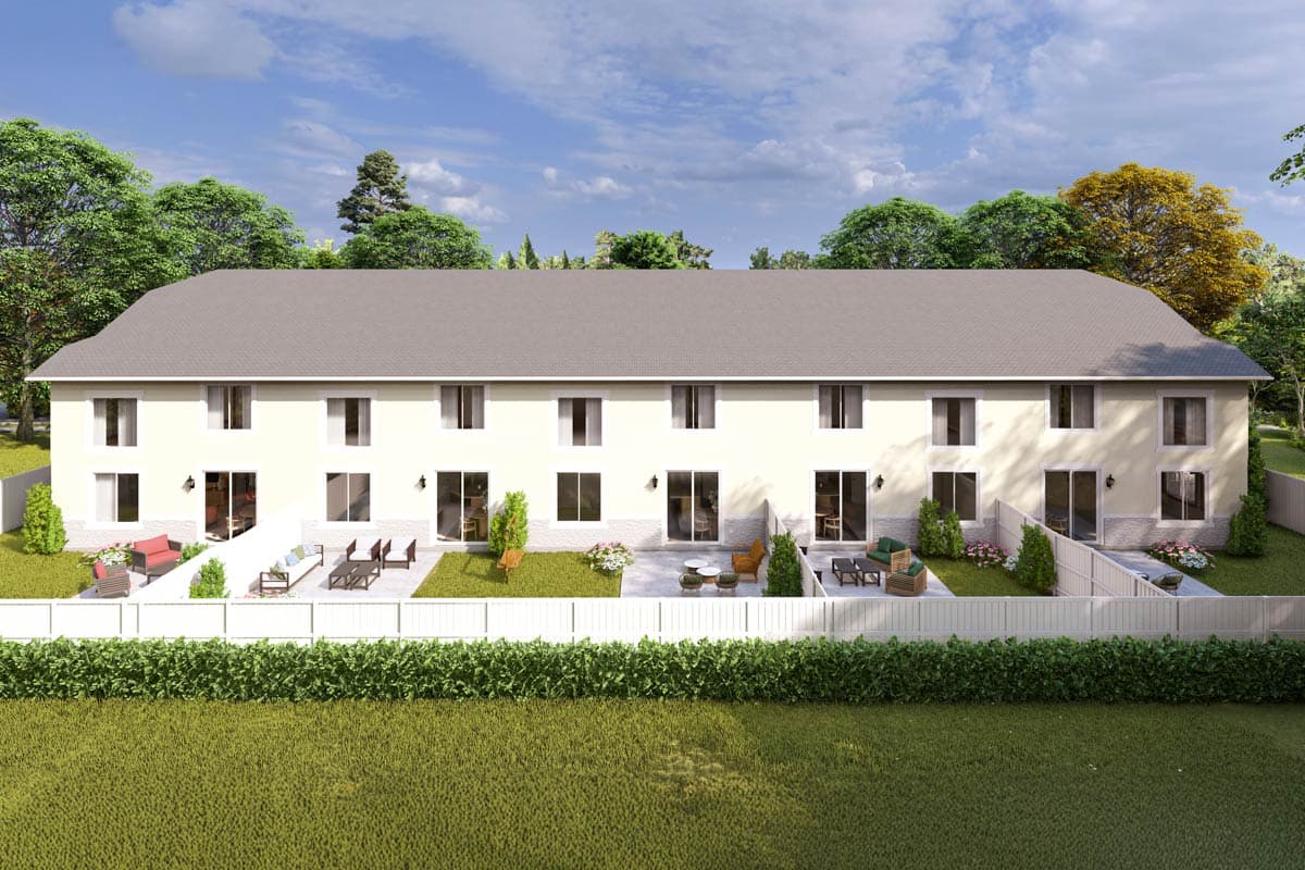 House plan exterior, two-story attached units with central gable, each with private patio and grass yard.